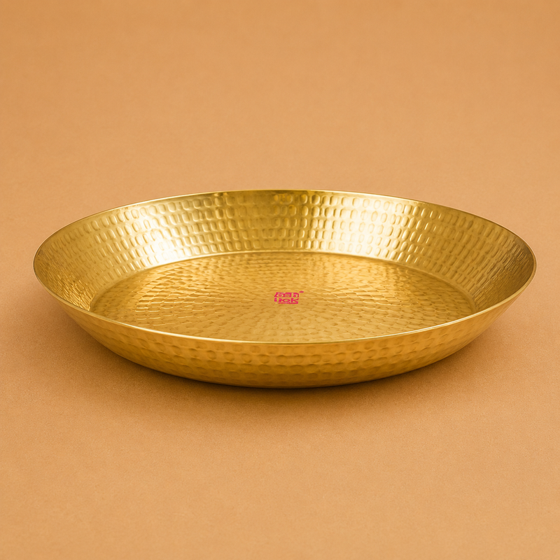 Handcrafted brass thali plate with hammered finish, premium marriage gift and traditional gifting item.