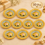 Set of 10 Handcrafted Brass Tortoise Plates arranged in a neat bulk gifting display on a premium beige background. Each decorative piece includes a brass tortoise centerpiece on an embossed ornamental plate with a rich golden finish, making the collection suitable for festive gifting, event giveaways, religious gatherings, return gifts, wedding functions and corporate traditional gifting.