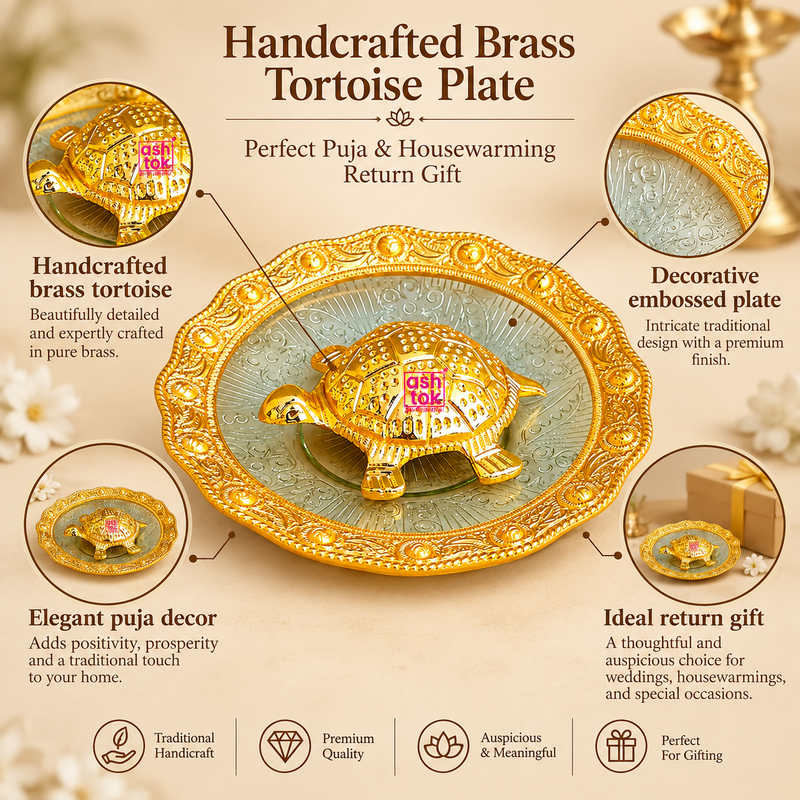 Features image of Handcrafted Brass Tortoise Plate highlighting the handcrafted brass tortoise centerpiece, decorative embossed plate design, premium golden finish and its suitability as an auspicious return gift. The product is presented in a clean premium beige layout that showcases the traditional detailing, elegant appearance and usefulness for puja decor, housewarming gifting and festive occasions.