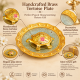 Features image of Handcrafted Brass Tortoise Plate highlighting the handcrafted brass tortoise centerpiece, decorative embossed plate design, premium golden finish and its suitability as an auspicious return gift. The product is presented in a clean premium beige layout that showcases the traditional detailing, elegant appearance and usefulness for puja decor, housewarming gifting and festive occasions.
