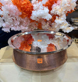 Handcrafted copper biryani handi with stainless steel cover and Kalai interior, ideal for bulk cooking, for home cooking