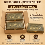 2 pieces value pack of handcrafted Elephant Design Brass Decorative Storage Boxes featuring ornate embossed elephant artwork, antique gold detailing and secure metal clasps, ideal for premium gifting, weddings, festive occasions, anniversaries and personal keepsake storage.