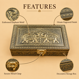 Premium handcrafted elephant design brass decorative storage box featuring an embossed double elephant motif, ornate engraved floral detailing, antique traditional metallic finish, decorative patterned sides and a secure metal clasp for convenient storage and gifting.