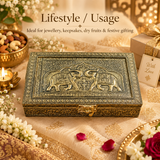 Handcrafted Elephant Design Brass Decorative Storage Box displayed in an elegant festive lifestyle setting, ideal for storing jewellery, keepsakes, dry fruits, small valuables and accessories while also serving as a premium traditional gift for special occasions.