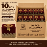 Bulk order 10 pcs value pack graphic for Ashtok handcrafted wooden maroon velvet storage boxes. The promotional image shows an open cardboard shipping box neatly packed with 10 velvet boxes in two rows of five, alongside a single maroon velvet gift box displayed outside the carton. Informational overlays emphasize '10 PCS VALUE PACK', premium quality, individual packaging, and safe delivery assurance.