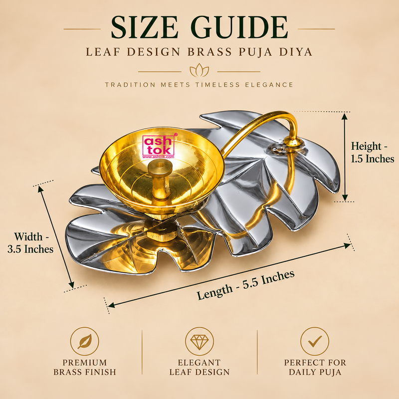 Detailed size guide of a Leaf Design Brass Puja Diya featuring a polished golden brass oil lamp bowl mounted on an elegant silver-finish decorative leaf-shaped base, displayed against a clean premium beige studio background. The product measures 5.5 inches in length, 3.5 inches in width, and 1.5 inches in height, with clearly marked measurement arrows illustrating its overall dimensions. The diya features a circular golden brass bowl with a reflective interior, concentric circular detailing, and a central 