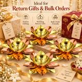 Festive gifting image of brass and copper lotus diyas arranged attractively in a decorative setup on a beige background, emphasizing the product’s suitability for return gifts, festive hampers, traditional gifting, pooja favors, wedding giveaways, Diwali gift collections, and spiritual home décor, with the elegant lotus design, dual-metal finish, and handcrafted appeal making it a visually rich and culturally meaningful gift item.