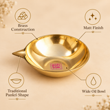 Features image of a Matt Finish Brass Pankti Diya highlighting brass construction, matt finish, traditional pankti shape and wide oil bowl design. The diya features a shallow rounded bowl with a pointed spout and classic brass appearance, suitable for pooja, rituals and festive decoration.