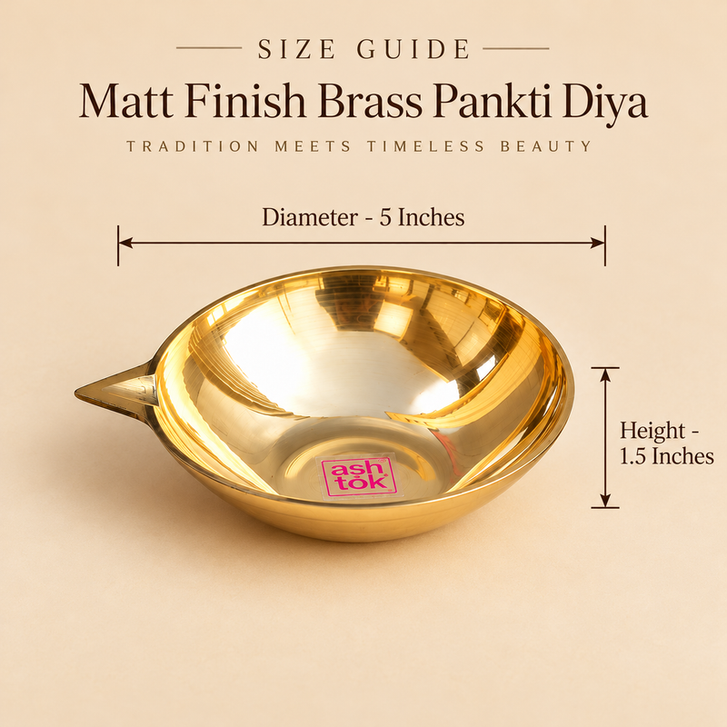 Size guide image of a Matt Finish Brass Pankti Diya showing the traditional shallow bowl design with pointed spout and labelled dimensions of 5 inches diameter and 1.5 inches height. Suitable for customers looking for compact brass diya size reference for pooja and festive use.