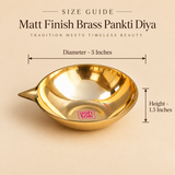 Size guide image of a Matt Finish Brass Pankti Diya showing the traditional shallow bowl design with pointed spout and labelled dimensions of 5 inches diameter and 1.5 inches height. Suitable for customers looking for compact brass diya size reference for pooja and festive use.
