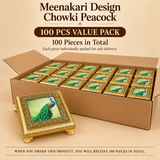 100 pieces value pack image of Meenakari Design Chowki Peacock showing bulk packaging for large quantity orders, with multiple chowkis packed neatly for safe delivery and one product displayed clearly in front, suitable for wholesale, events, gifting, and festive bulk purchases.