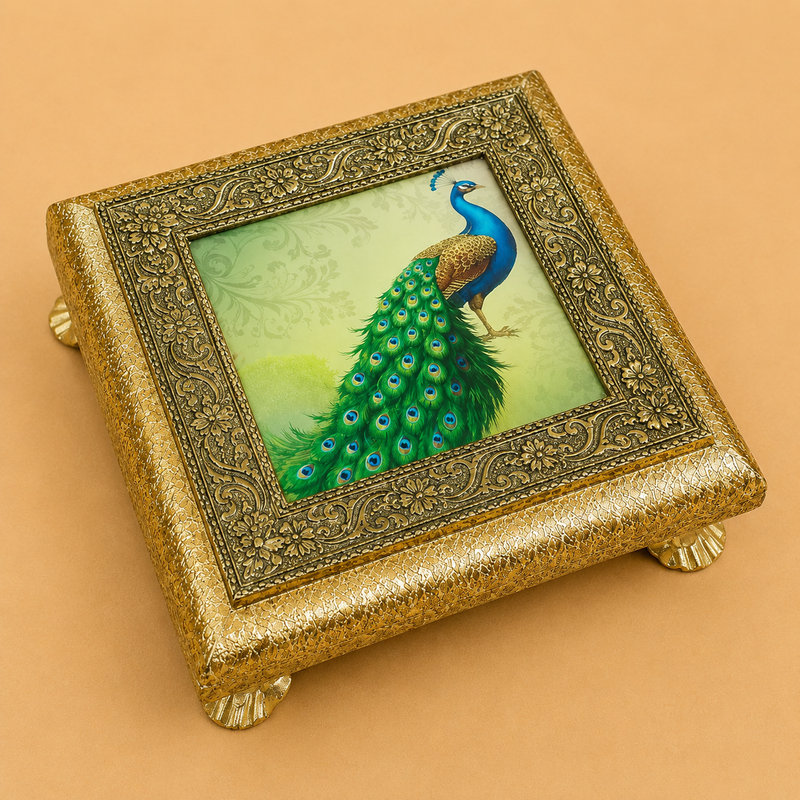 Meenakari design peacock chowki 6 x 6 inches with ornate decorative detailing