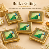 Bulk gifting image of Meenakari Design Chowki Peacock showing multiple decorative chowkis arranged in a premium festive setup, ideal for wedding gifts, festive gifting, return gifts, and bulk order presentation with an elegant traditional appearance.