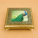 Handcrafted Meenakari Design Peacock Chowki 6x6 Wooden Pooja Chowki for Idols, Home Temple, Festive Décor, Housewarming Gifts and Traditional Indian Home Décor