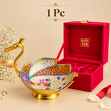 Single Meenakari duck design fruit bowl presented beside a rich red gift box to demonstrate the 1 piece gifting option. The decorative bowl features an elegant golden duck-shaped neck and head, layered feather-style serving sections, intricate multicolor Meenakari floral artwork and a polished circular pedestal base.