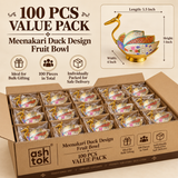 Bulk value pack presentation of 100 Meenakari duck design fruit bowls arranged securely inside a large partitioned cardboard carton for wholesale, event and large-scale gifting requirements. Individual decorative bowls are shown protected inside separate compartments while a product reference image displays the approximate dimensions of 5.5 inches length, 4 inches width and 5 inches height.