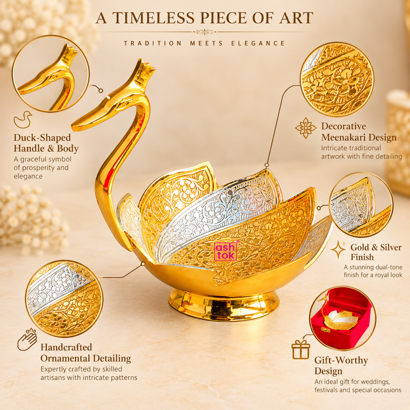 Features image of Meenakari Duck Design Gift Bowl highlighting the graceful duck-shaped body, intricate ornamental detailing, dual-tone gold and silver finish, decorative layered bowl design and elegant handcrafted appearance suitable for festive and special occasion gifting.