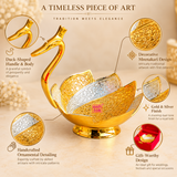 Features image of Meenakari Duck Design Gift Bowl highlighting the graceful duck-shaped body, intricate ornamental detailing, dual-tone gold and silver finish, decorative layered bowl design and elegant handcrafted appearance suitable for festive and special occasion gifting.