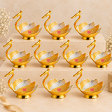 Set of 10 Meenakari Duck Design Gift Bowls arranged in a premium beige gifting display, each featuring a decorative golden duck shape with dual-tone gold and silver embossed panels, suitable for wedding return gifts, festive gifting and event giveaways.