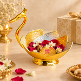 Meenakari Duck Design Gift Bowl styled in an elegant festive setting with flower petals and decorative accents, showing its use as a centerpiece, flower bowl, dry fruit holder and decorative gift item for weddings, festivals, housewarming and special occasions.
