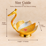Size guide for Meenakari Duck Design Gift Bowl showing approximately 5.5 inches length, 4 inches width and 5 inches height, with clear measurement arrows around the decorative gold and silver duck-shaped bowl on a premium beige background.