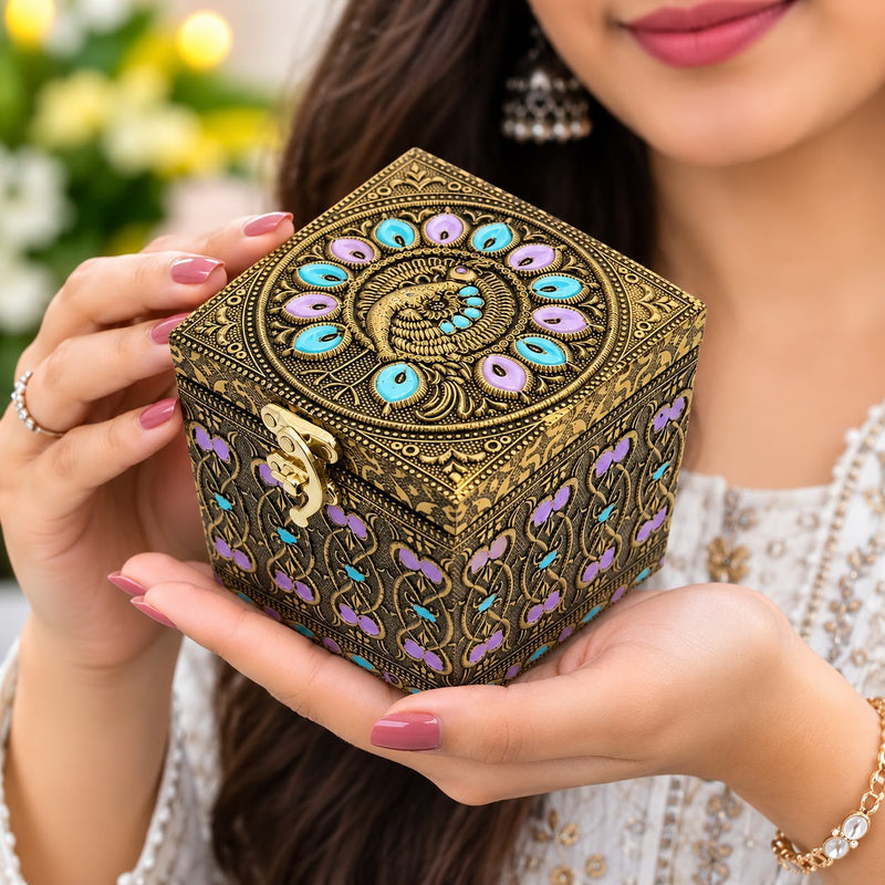Meenakari peacock design wooden box with jar inside, featuring intricate handcrafted artwork and colorful decorative detailing.