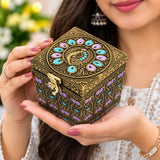 Meenakari peacock design wooden box with jar inside, featuring intricate handcrafted artwork and colorful decorative detailing.