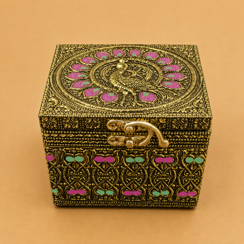Meenakari peacock design wooden box with decorative peacock artwork and jar inside, handcrafted Indian gift box.