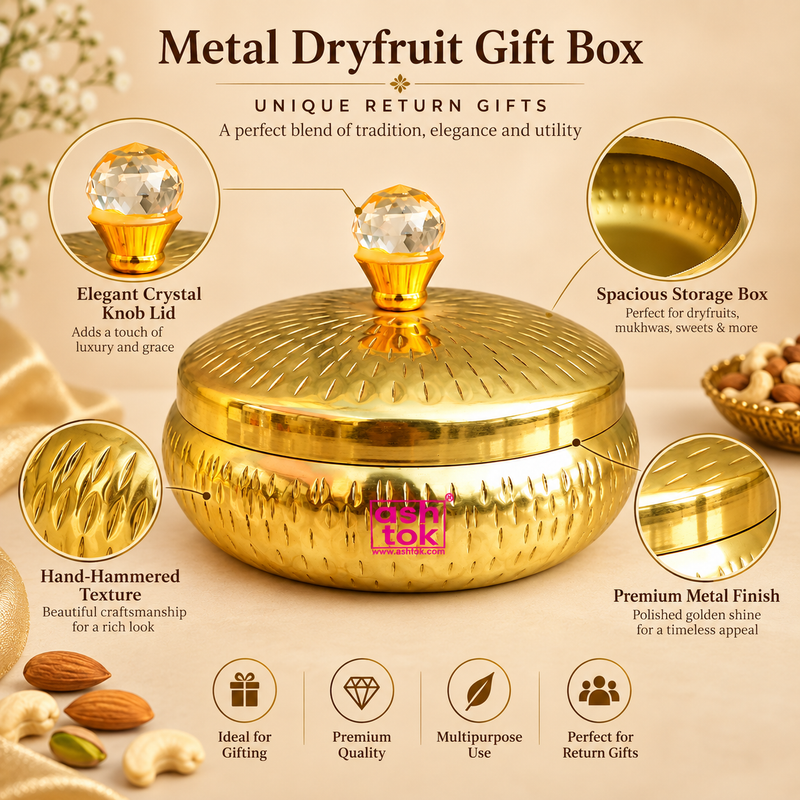Features image of metal dryfruit gift box highlighting the crystal-style knob lid, polished golden finish, hammered texture, spacious inner storage and elegant return gift appeal, presented in a clean beige layout suitable for Shopify product pages.