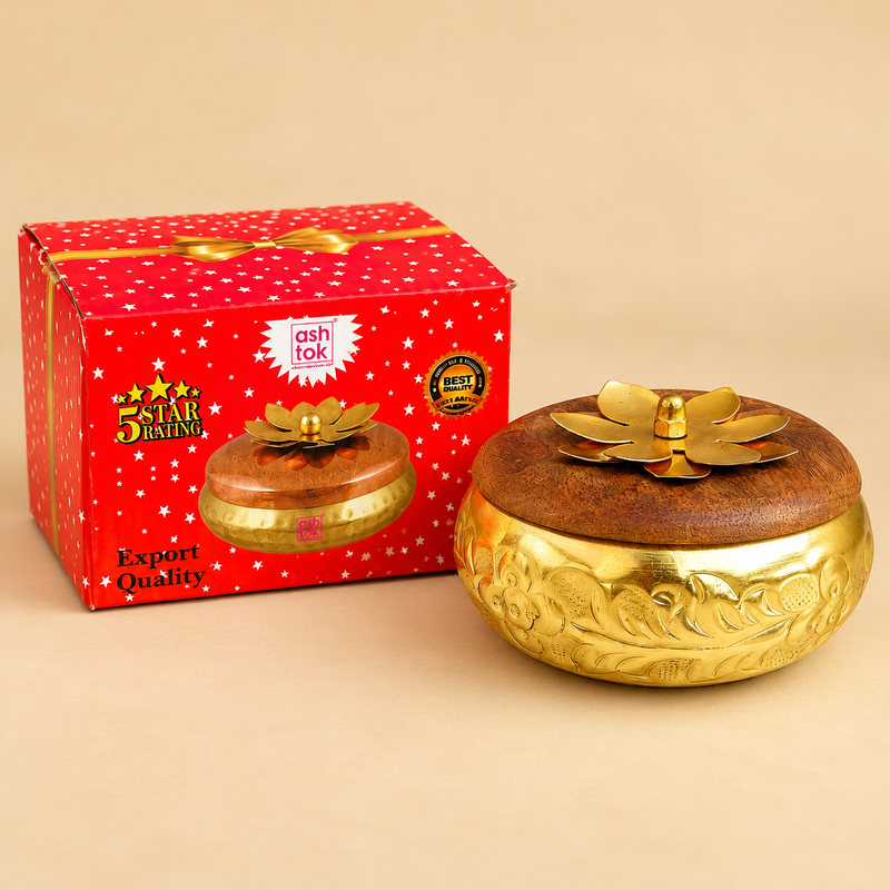 Two brass-coloured metal gift boxes with wooden lids displayed together for gifting use.