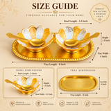 Gold and Silver Plated Dry Fruit Bowl Set size guide showing the oval serving tray measuring 8 inches in length and 4 inches in width, and each decorative flower-shaped bowl measuring 3.5 inches in length, 3.5 inches in width, and 1.5 inches in height. The illustrated set includes two gold and silver floral bowls, two matching decorative golden spoons, and an oval gold-toned tray with a beaded border. The measurement guide helps customers understand the dimensions of the serving components without including