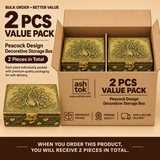 2 pieces value pack of Peacock Design Decorative Storage Box featuring ornate golden peacock artwork and colourful decorative detailing, suitable for personal gifting, weddings, festive occasions and special celebrations.