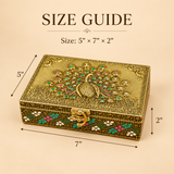 Peacock design decorative storage box size guide showing approximately 5 inch width, 7 inch length and 2 inch height, featuring an ornate golden peacock embossed lid, colourful decorative side detailing and secure metal clasp.