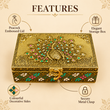 Premium peacock design decorative storage box featuring an intricately embossed golden peacock lid, colourful traditional side decoration, detailed ornamental finish and secure metal clasp for jewellery, keepsakes and gifting.