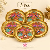 Gift Item, Brass Plate for Pooja Engraved Printed Peacock Design Inside (Dia 6 Inches)