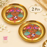 Gift Item, Brass Plate for Pooja Engraved Printed Peacock Design Inside (Dia 6 Inches)