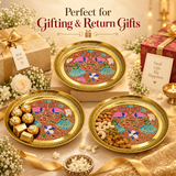 Gift Item, Brass Plate for Pooja Engraved Printed Peacock Design Inside (Dia 6 Inches)