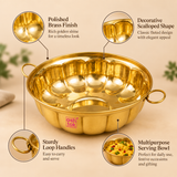 Features image of a polished brass bowl highlighting its smooth golden finish, traditional round shape, sturdy side handles, elegant serving appeal and durable construction, suitable for festive serving, gifting and decorative table presentation.