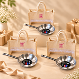 Multiple Prestige Triply stainless steel fry pan 22 cm gift sets with reusable carry bags arranged for bulk gifting, weddings, events and return gifts