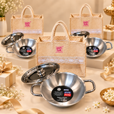 Multiple Prestige Triply stainless steel kadai with lid and gift bag sets arranged for bulk gifting, weddings, housewarming and festive occasions