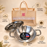 Prestige Triply stainless steel kadai with lid featuring sturdy side handles, triply construction and reusable gift bag