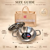 Prestige Triply kadai 1.2 litre 9 inch size guide showing 9 inch length, 9 inch width and 3 inch height