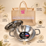 Prestige Triply Kadai with Lid 1.2 L 9 inch with bag highlighting triply stainless steel body sturdy side handles lid and gift bag