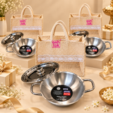 Prestige Triply Kadai with Lid 1.2 L 9 inch with bag displayed in bulk gifting setup with multiple gift-ready pieces