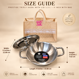 Size guide for Prestige Triply Kadai with Lid 1.2 L 9 inch with bag showing length 9 inches width 9 inches and height 3 inches