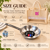Prestige Triply stainless steel fry pan 22 cm 1.2 litre size guide showing 22 cm diameter and 5 cm height with triply stainless steel aluminium construction