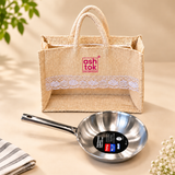 Prestige Triply stainless steel fry pan 22 cm 1.2 litre with long stainless steel handle and reusable gift bag on premium beige studio background
