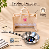 Prestige Triply stainless steel fry pan with sturdy long handle, three layer stainless steel aluminium construction and reusable gift bag