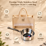 Prestige Triply stainless steel saucepan 14 cm 1 litre highlighting triply stainless steel construction, sturdy long handle, 1 litre capacity and gift bag