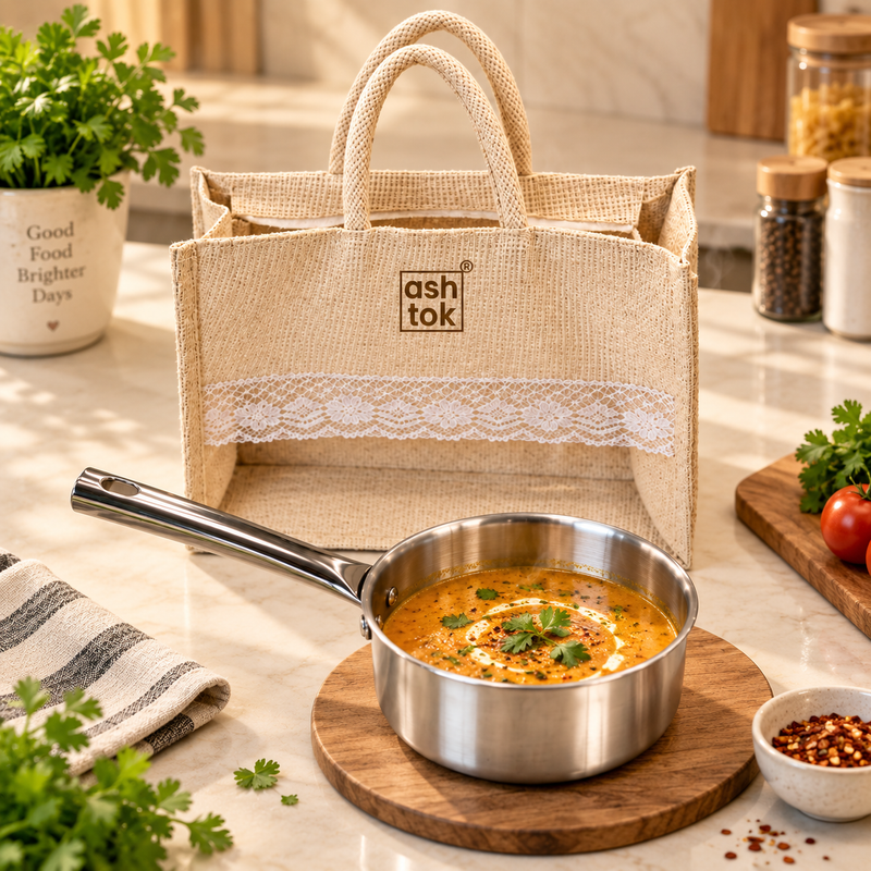 Prestige Triply stainless steel saucepan 14 cm 1 litre shown in a kitchen setting with prepared curry for everyday cooking and serving